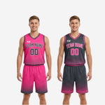 Charcoal and pink reversible basketball uniform opposite side view displaying contrast trim detail and halftone pattern on shorts leg