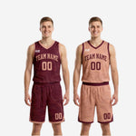 Full set view of the maroon and blush reversible basketball uniform - reversible jersey and matching shorts displayed together