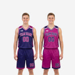 Close detail of sublimated navy-purple basketball jersey showing V-neck binding, chevron panels, and colorfast print quality
