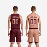 Size and specification sheet for the maroon and blush reversible basketball uniform set covering youth and adult sizing