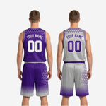 Size and specification sheet for the custom purple and silver reversible basketball uniform set covering youth and adult roster sizing