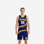 Custom reversible basketball uniforms for clubs in navy and gold with diagonal swoosh stripe, team name arc, and number 00 front, full set view