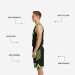 Back view of the black and lime green reversible basketball uniform showing back player name and number print zones on both sides
