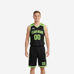 Reversible basketball uniforms for leagues in black and lime green with diagonal slash side panels, arched team name, and front number on black side