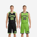 Full set view of the black and lime green custom reversible basketball uniform including reversible jersey and matching shorts