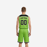 Side view of the lime green reversible basketball uniform showing black slash side panel accents and white armhole binding on the jersey