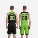 Size and specification sheet for the black and lime green reversible basketball uniform set covering youth and adult sizing