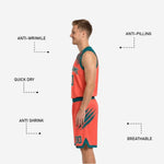Back view of teal and orange reversible basketball jersey with player name above large orange block number on teal background
