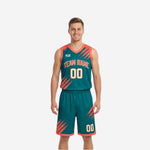 Custom reversible basketball uniforms for leagues in teal and orange with diagonal slash sublimation, front and back view on male model