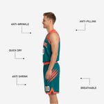 Right side view of teal and orange custom reversible basketball uniform showing matching shorts side panel and orange trim