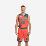 Size and specification sheet for teal and orange reversible basketball uniform set showing youth and adult size run