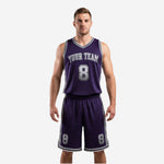 Reversible basketball uniforms in purple and silver with arched team name and player number 8, front view