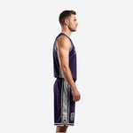 Reversible basketball uniform side view showing silver mesh side panel and split hem shorts