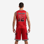 Reversible basketball uniforms red black close detail of sublimated side panel and jersey graphics