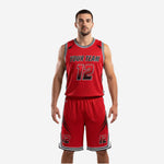 Reversible basketball uniforms in fire red and black with sublimated talon side panels, front view