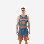 Custom reversible basketball uniforms with numbers in slate-blue and orange halftone-dot design, front and back view of full two-piece set