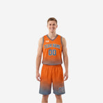 Mens reversible basketball uniforms with numbers, slate-blue halftone-dot jersey with arced team name and orange front number, matching shorts