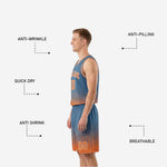 Shorts detail of sublimated reversible basketball uniform with orange number on left leg and halftone dot gradient hem