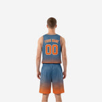 Side view of blue and orange reversible basketball uniform set showing halftone dot gradient and armhole binding detail