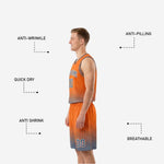 Back view of slate-blue reversible basketball jersey with player name and number, matching orange-accented halftone shorts