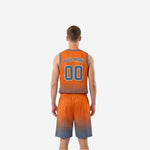Side view of orange and blue reversible basketball uniform showing reverse side color and shorts number placement