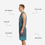 Back view of custom reversible basketball uniform showing back name and back number placement on both charcoal and teal sides of the sublimated jersey