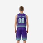 Back view of purple side custom reversible basketball uniform showing back number and player name placement on hex fade jersey