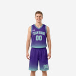 Reversible high school basketball uniforms in purple and teal with hex fade pattern, team name arced across chest and number 00 front, full two-piece set