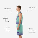 Back view of teal side reversible basketball uniform for schools showing back number and name printed in purple on teal hex fade jersey