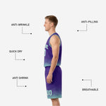Side view of full sublimation reversible basketball uniforms on the teal side showing hex pattern fade from teal chest to purple hem