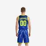 Side view of neon yellow-green reversible basketball uniform showing blue lightning bolt side panel and trim detail