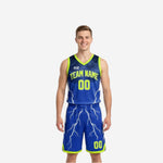 Reversible league basketball uniforms in royal blue and neon yellow-green with lightning bolt sublimated graphic, front and back view