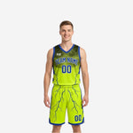 Side view of royal blue reversible basketball uniform jersey with neon trim and lightning bolt side panel graphic