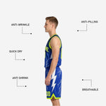Size and specification sheet for royal blue and neon reversible basketball uniform set, youth and adult sizing