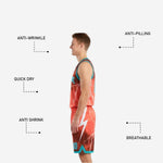 Detail shot of the full-bleed lightning-bolt sublimation print on the teal-and-orange side of the reversible jersey