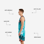 Side view of double sided basketball uniforms on the red-and-teal reverse showing contrast teal trim at armhole and hem