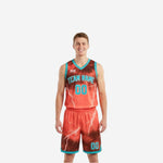 Red and teal reverse side of custom reversible team basketball uniforms showing lightning bolt pattern and team name on chest