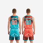 Close-up of matching shorts showing lightning-bolt sublimated print and orange trim at the hem