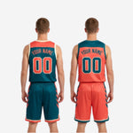 Close detail of full sublimation print on teal and orange reversible basketball uniform showing colorfast panel lines and V-neck trim