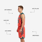 Back view of orange reverse side reversible basketball uniform with teal number and name printed for full player identification