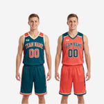 Size and specification sheet for reversible tournament basketball uniforms in teal and orange, youth and adult sizing chart
