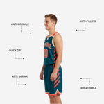 Back view of teal custom reversible basketball uniform showing back number and player name print zone across the shoulders