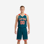 Reversible tournament basketball uniforms in teal with orange and cream trim, arched team name and number 00 on the front, men's full set front view