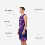Back view of purple and magenta reversible basketball uniform showing player name and number placement on back of jersey