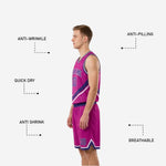 Close-up detail of diagonal magenta and white swoosh stripe on purple sublimated reversible basketball jersey front panel