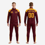 Full body view of men's custom red and gold soccer tracksuit set in maroon and Athletic Gold sublimated polyester