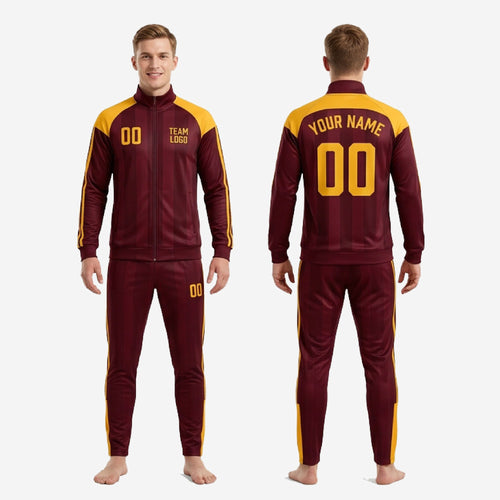Full body view of men's custom red and gold soccer tracksuit set in maroon and Athletic Gold sublimated polyester
