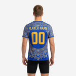 Royal blue and Athletic Gold sublimated soccer training jersey mandala design detail close-up