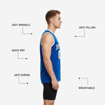 Back view of custom royal blue basketball jersey showing large back number and personalized player name sublimated on blue field