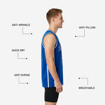 Back view of royal blue basketball jerseys with sublimated player name and bold back number in matching navy and white outline style